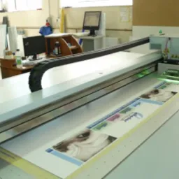 Proces druku UV na płaskim podłożu za pomocą przemysłowej drukarki wielkoformatowej, widoczne detale drukowanego materiału z grafiką.