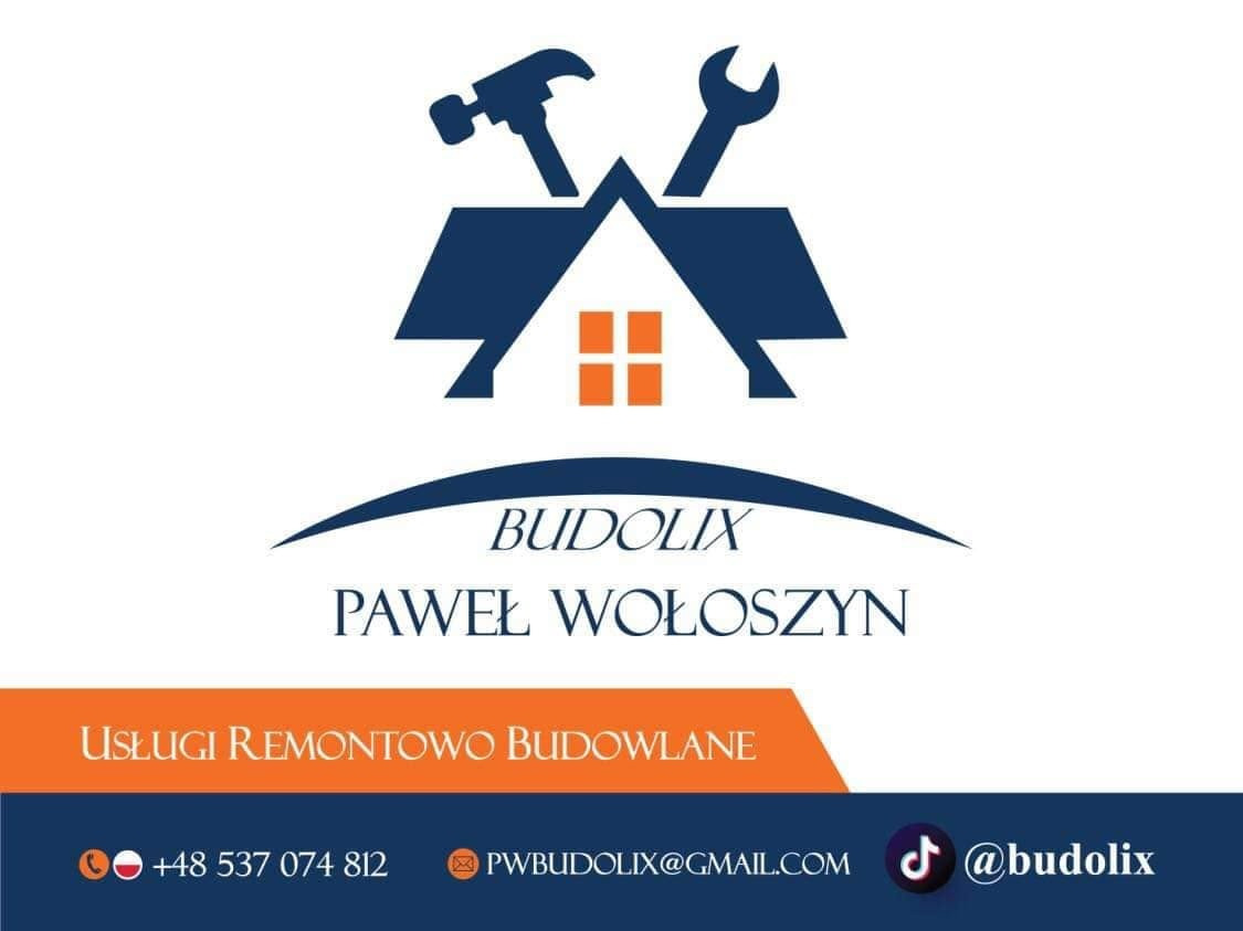 Logo firmy Budolix Pawła Wołoszyna z ikoną domu, młotka i klucza, oferującej usługi remontowo-budowlane. Kontakt: +48 537 074 812, pwbudolix@gmail.com, @budolix (TikTok).