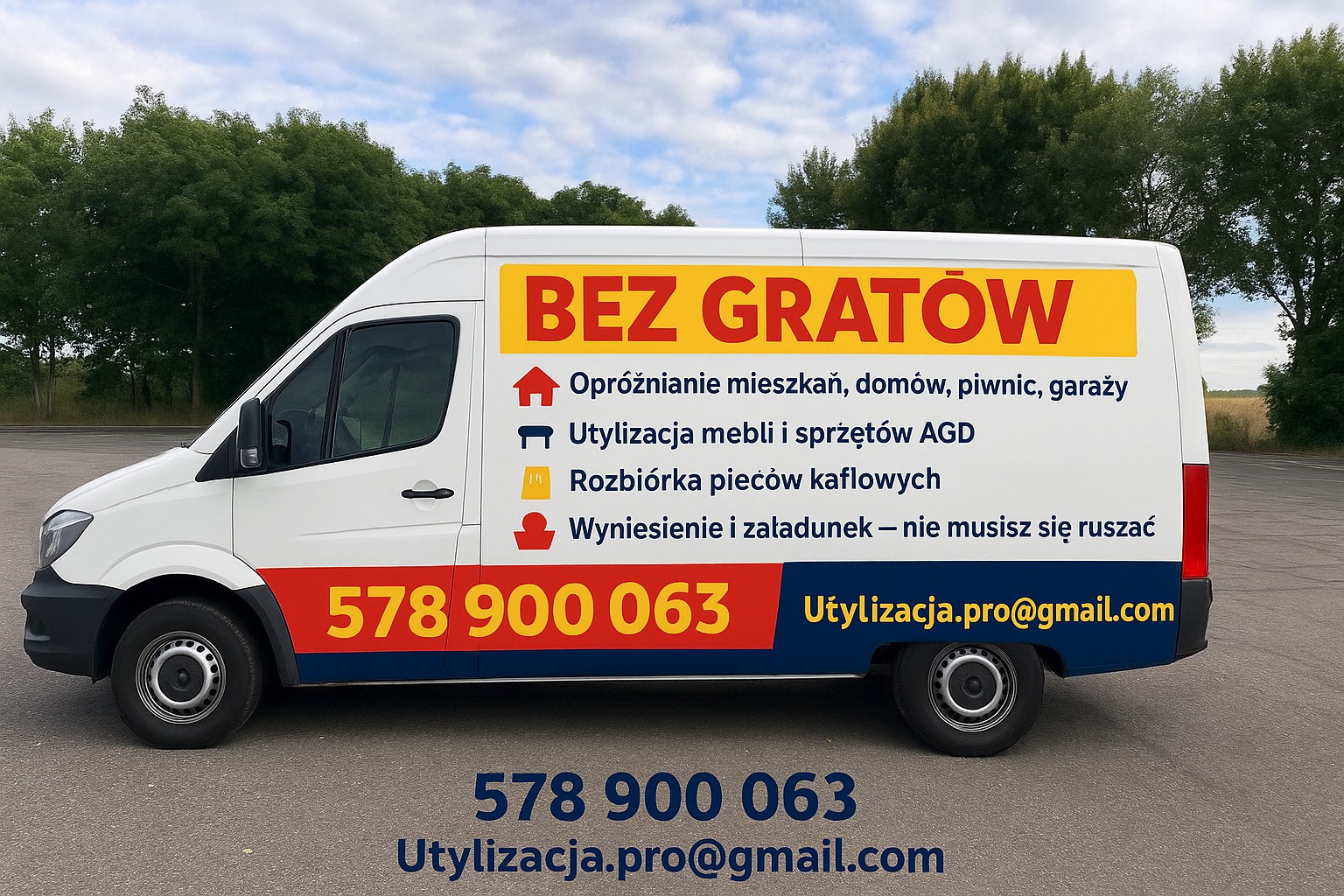 Biała furgonetka z napisem 'BEZ GRATÓW' i ofertą: opróżnianie mieszkań, utylizacja mebli i AGD, rozbiórka pieców kaflowych, wynoszenie i załadunek. Kontakt na pojeździe.