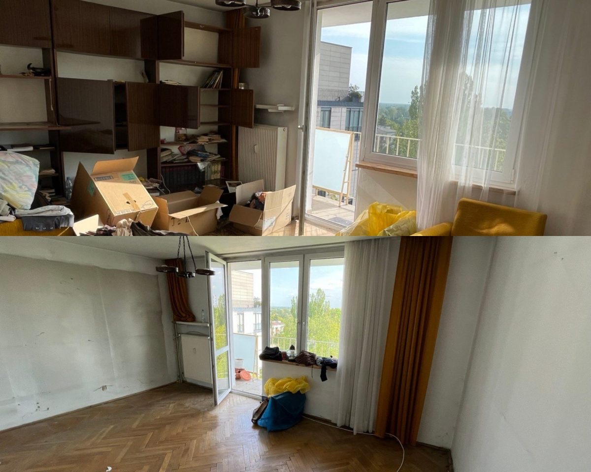 Opróżnianie mieszkania w Legnicy: zdjęcie 'przed i po' ukazujące pokój zagracony kartonami i ten sam pokój po usunięciu zbędnych przedmiotów, z widoczną podłogą.