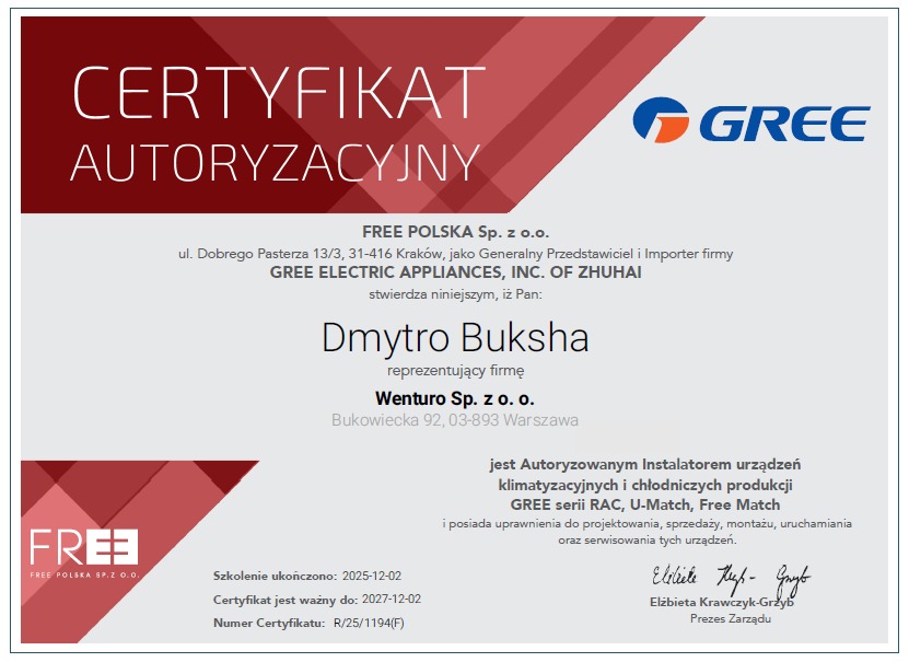 Certyfikat autoryzacyjny Gree dla Dmytro Buksha, uprawniający do instalacji i serwisu klimatyzacji. Logo Gree w prawym górnym rogu, data ważności 2027.