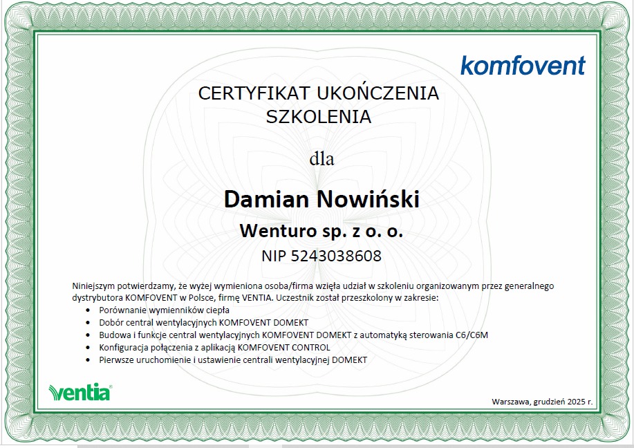Certyfikat ukończenia szkolenia Komfovent dla Damian Nowiński, Wenturo sp. z o.o. z NIP. Dokument potwierdza przeszkolenie w zakresie wentylacji.