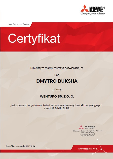 Certyfikat firmy Wenturo Sp. z o.o. upoważniający do montażu i serwisu klimatyzacji Mitsubishi Electric serii M & MR. SLIM, ważny do 2027-11-14.