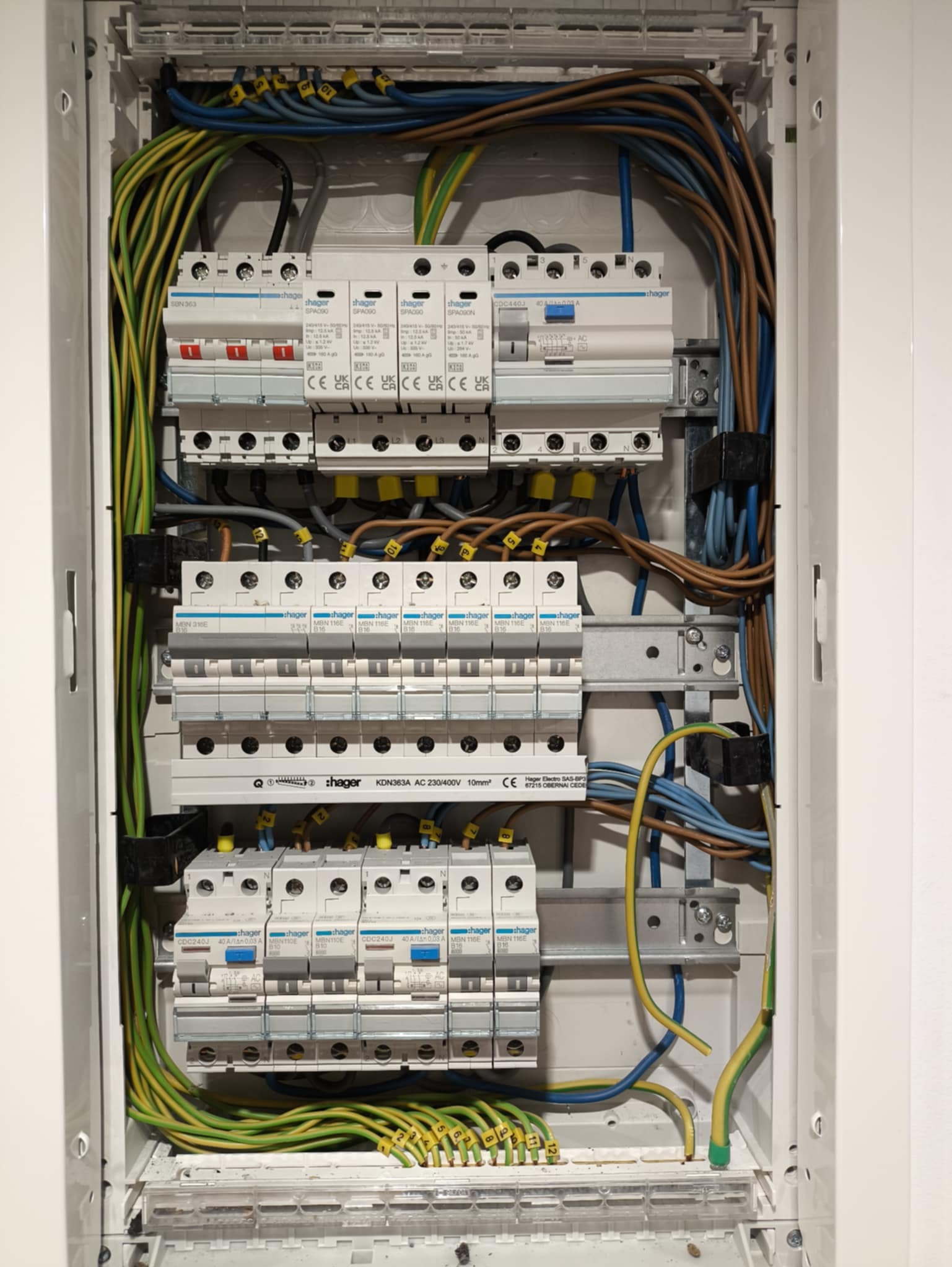 Rozdzielnica elektryczna Hager z zainstalowanymi bezpiecznikami i okablowaniem, widok z bliska na wnętrze skrzynki, kable oznaczone numerami.