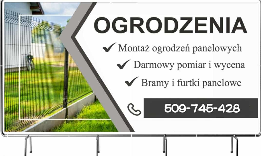 Baner reklamowy: montaż ogrodzeń panelowych, darmowy pomiar, bramy i furtki panelowe. W tle widok na zielony ogród z zamontowanym ogrodzeniem panelowym.