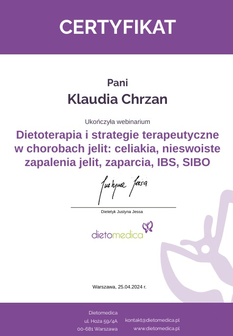 Certyfikat ukończenia webinarium z dietoterapii dla Pani Klaudii Chrzan, wydany przez Dietetyk Justynę Jessę z Dietomedica, Warszawa, 25.04.2024.