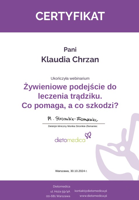 Certyfikat ukończenia webinarium o żywieniu w leczeniu trądziku dla Pani Klaudii Chrzan, wystawiony przez dietetyka z Zamościa, Monikę Stromkie-Złomaniec.