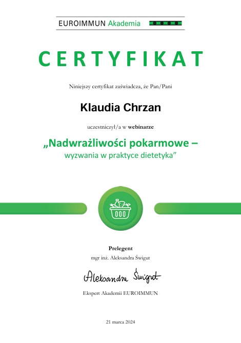 Certyfikat ukończenia webinaru o nadwrażliwości pokarmowej dla dietetyka Klaudii Chrzan, wydany przez Euroimmun Akademia, z datą 21 marca 2024.