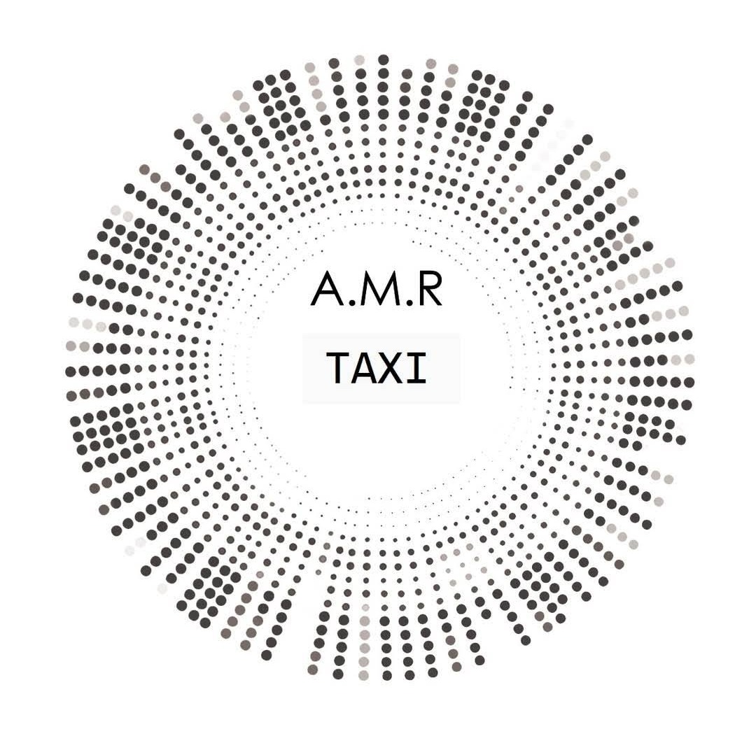 Grafika: A.M.R TAXI w okręgu z kropek. Minimalistyczny design, czarno-biała kolorystyka, nowoczesna estetyka. Idealne dla firmy transportowej.