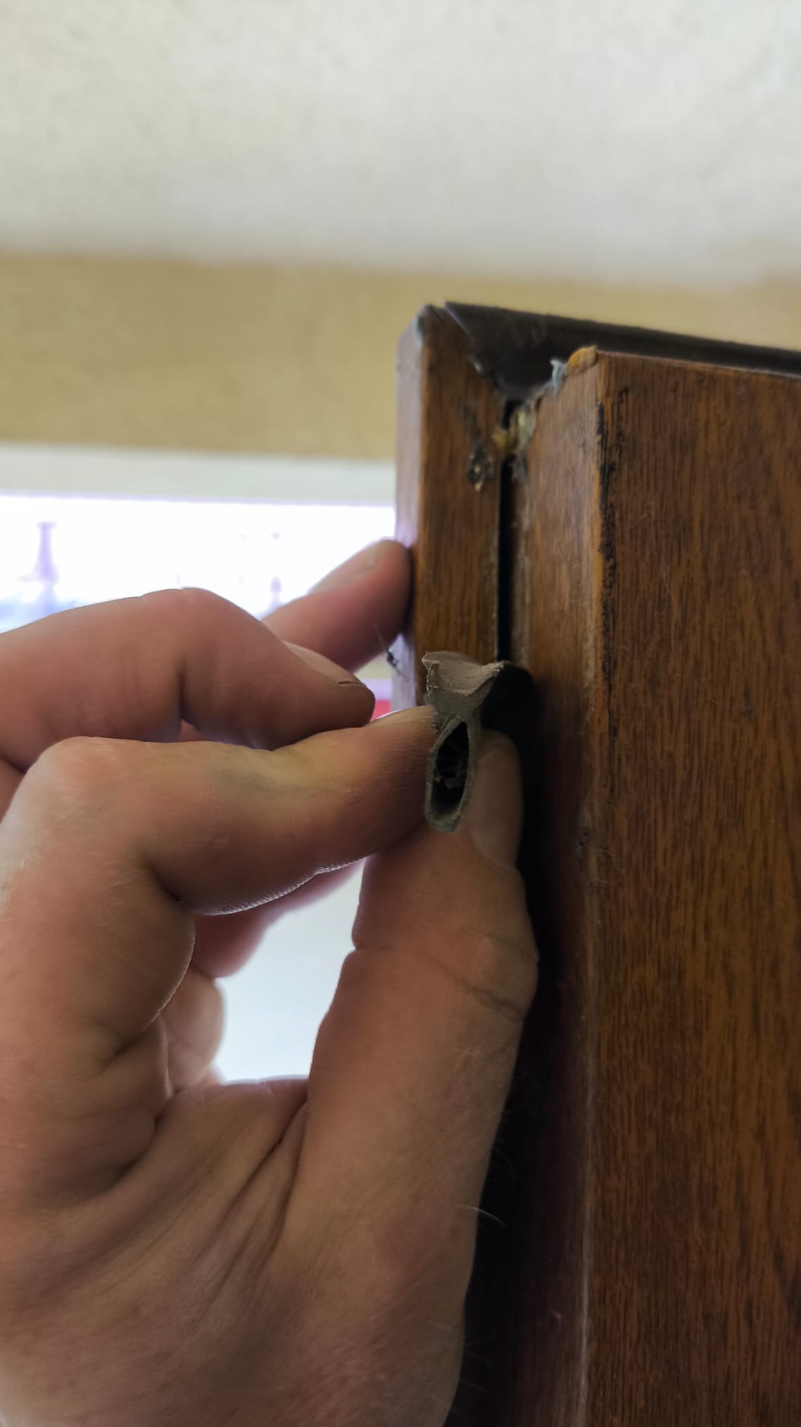 Montaż uszczelki w drewnianej ramie okna w Jastrzębiu-Zdroju. Dłoń umieszcza profil uszczelniający w szczelinie ramy. Detal naprawy.