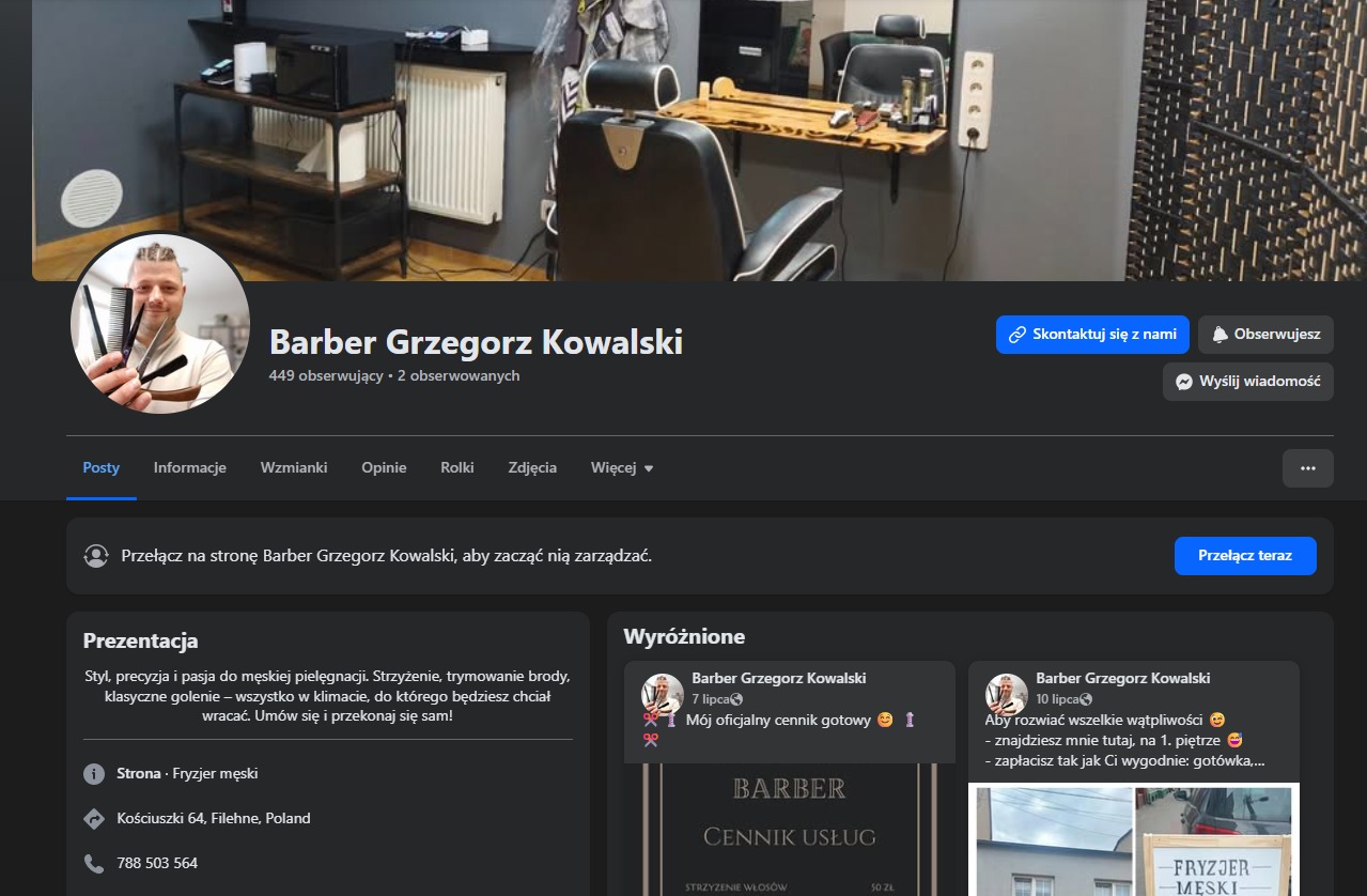 Przykład realizacji social media barbera Grzegorza Kowalskiego.