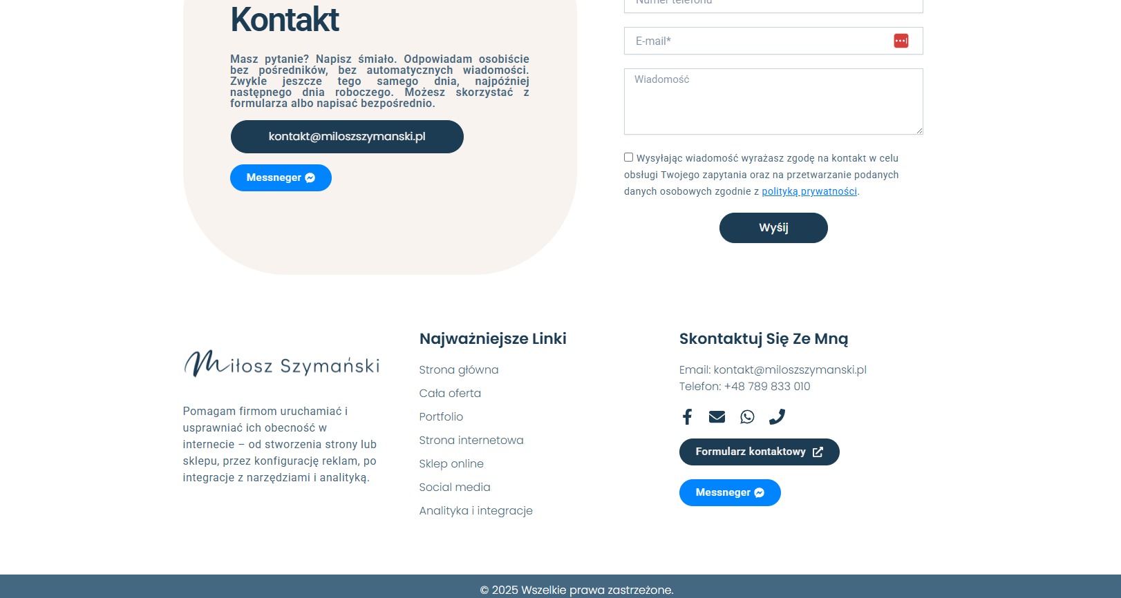 Fragment strony internetowej z formularzem kontaktowym, adresem e-mail, numerem telefonu i odnośnikami do mediów społecznościowych. Minimalistyczny design.