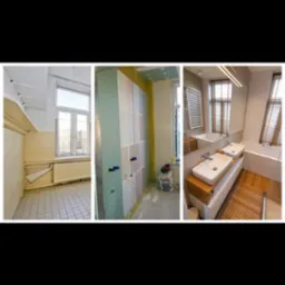 Kolaż 'przed, w trakcie i po' remontu łazienki: stara, surowa łazienka, łazienka w trakcie remontu ze ścianami i nowa, wykończona łazienka z wanną i umywalkami.