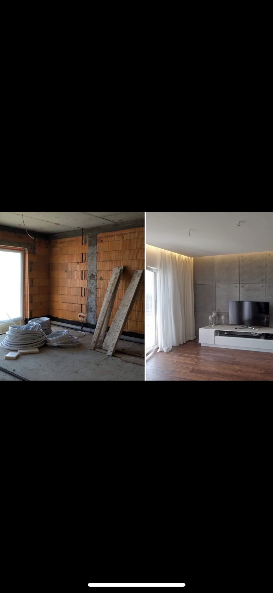 Dwuczęściowe zdjęcie: surowy mur z cegły i instalacje vs. nowoczesny salon z drewnianą podłogą, betonowymi płytami i oświetleniem LED. Ukazany efekt przed i po.