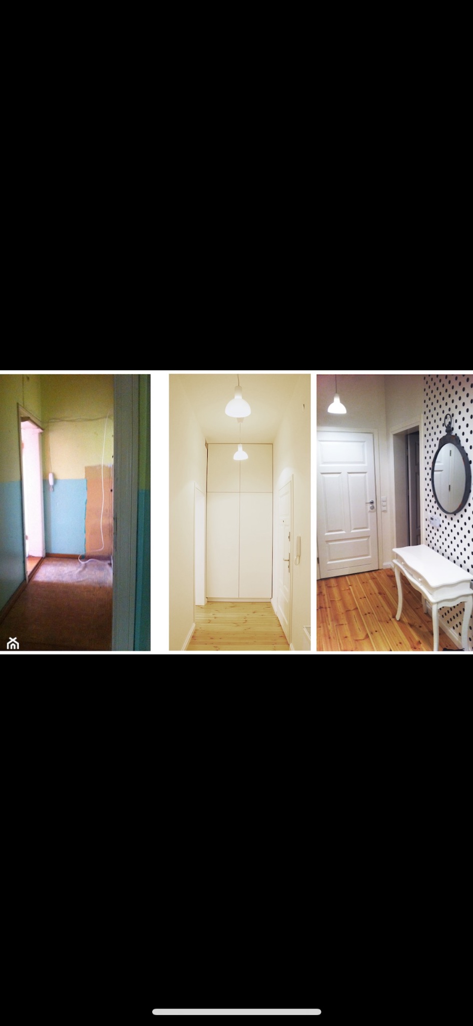 Korytarz przed, w trakcie i po remoncie: surowe ściany, białe szafy wnękowe i stylowe wykończenie z lustrem w kropki. Podłoga z jasnego drewna.