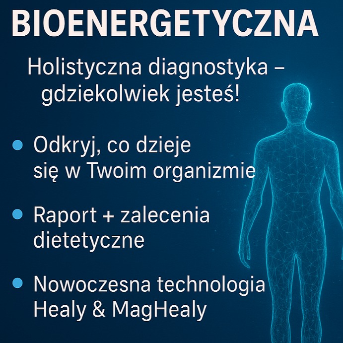 Bioenergetyczna diagnostyka holistyczna z nowoczesną technologią Healy & MagHealy. Grafika przedstawia sylwetkę człowieka, raport i zalecenia dietetyczne.