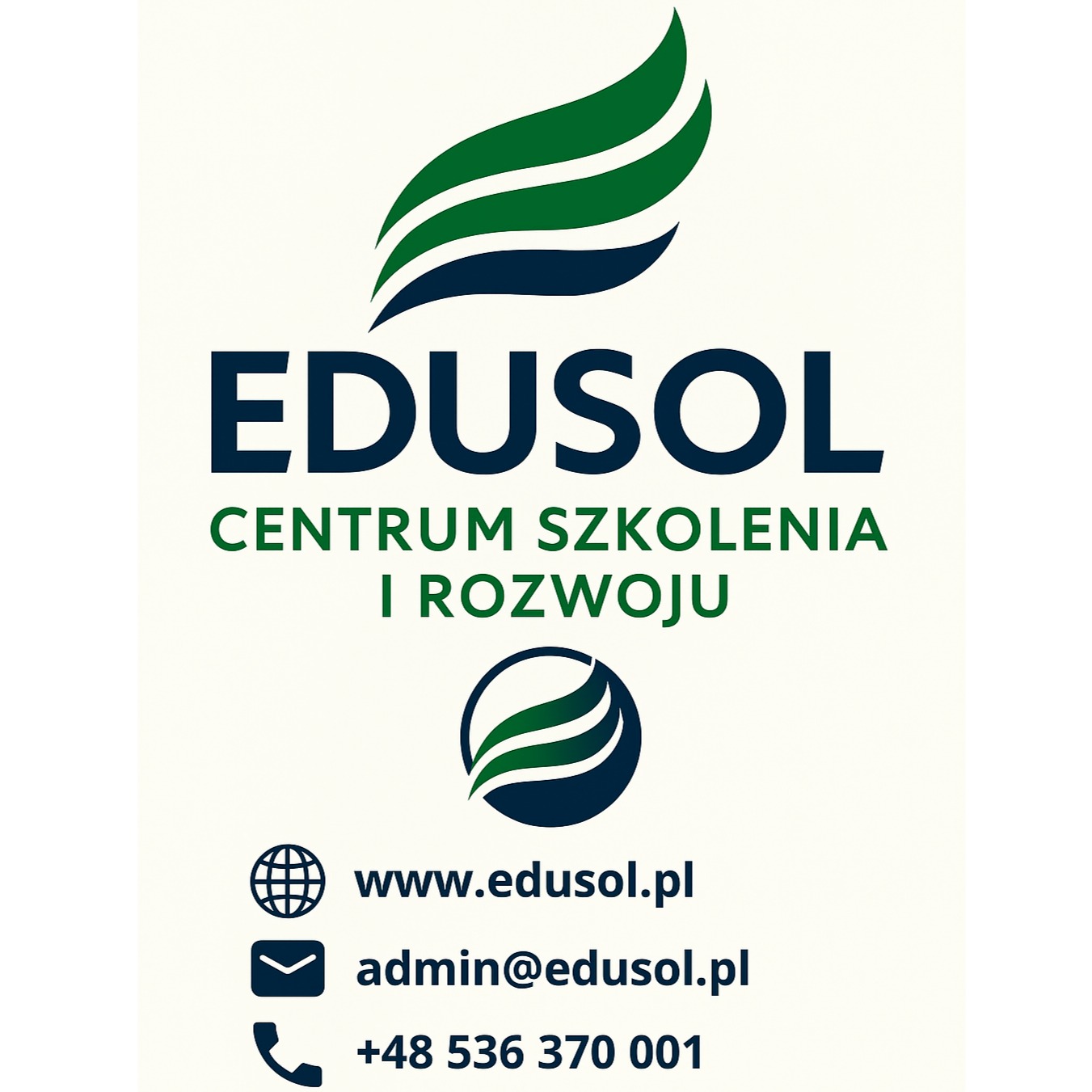 Grafika: Logo EDUSOL Centrum Szkolenia i Rozwoju z adresem strony www, adresem email i numerem telefonu. Zielono-granatowa kolorystyka.