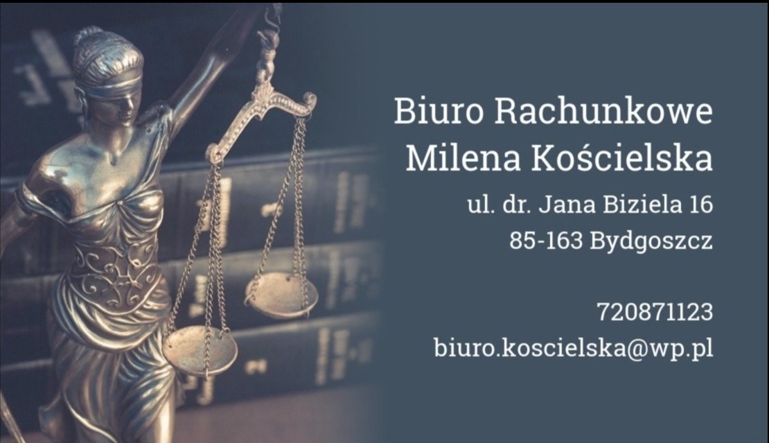 Biuro Rachunkowe Milena Kościelska: Statua Temidy z wagą na tle książek, adres w Bydgoszczy i dane kontaktowe. Ciemne tło, elegancki font.