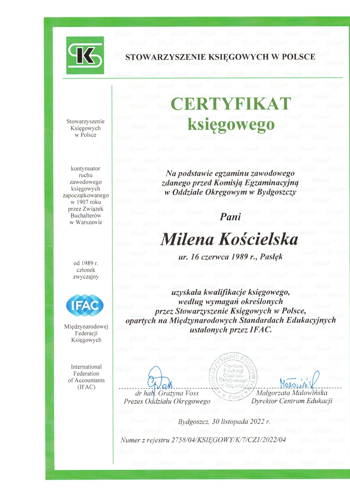 Certyfikat księgowego Stowarzyszenia Księgowych w Polsce dla Mileny Kościelskiej z Bydgoszczy, potwierdzający kwalifikacje zawodowe.