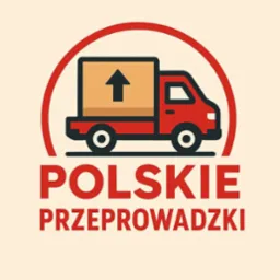 Grafika: Czerwony samochód dostawczy z kartonem oznaczonym strzałką w górę, wpisany w okrąg. Napis 'POLSKIE PRZEPROWADZKI' w kolorze czerwonym.