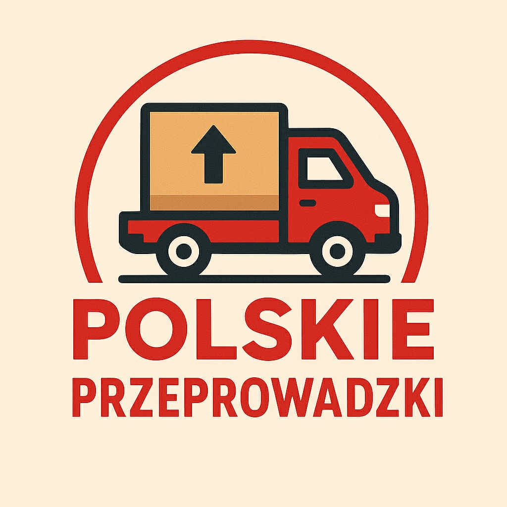 Grafika: Czerwony samochód dostawczy z kartonem oznaczonym strzałką w górę, wpisany w okrąg. Napis 'POLSKIE PRZEPROWADZKI' w kolorze czerwonym.