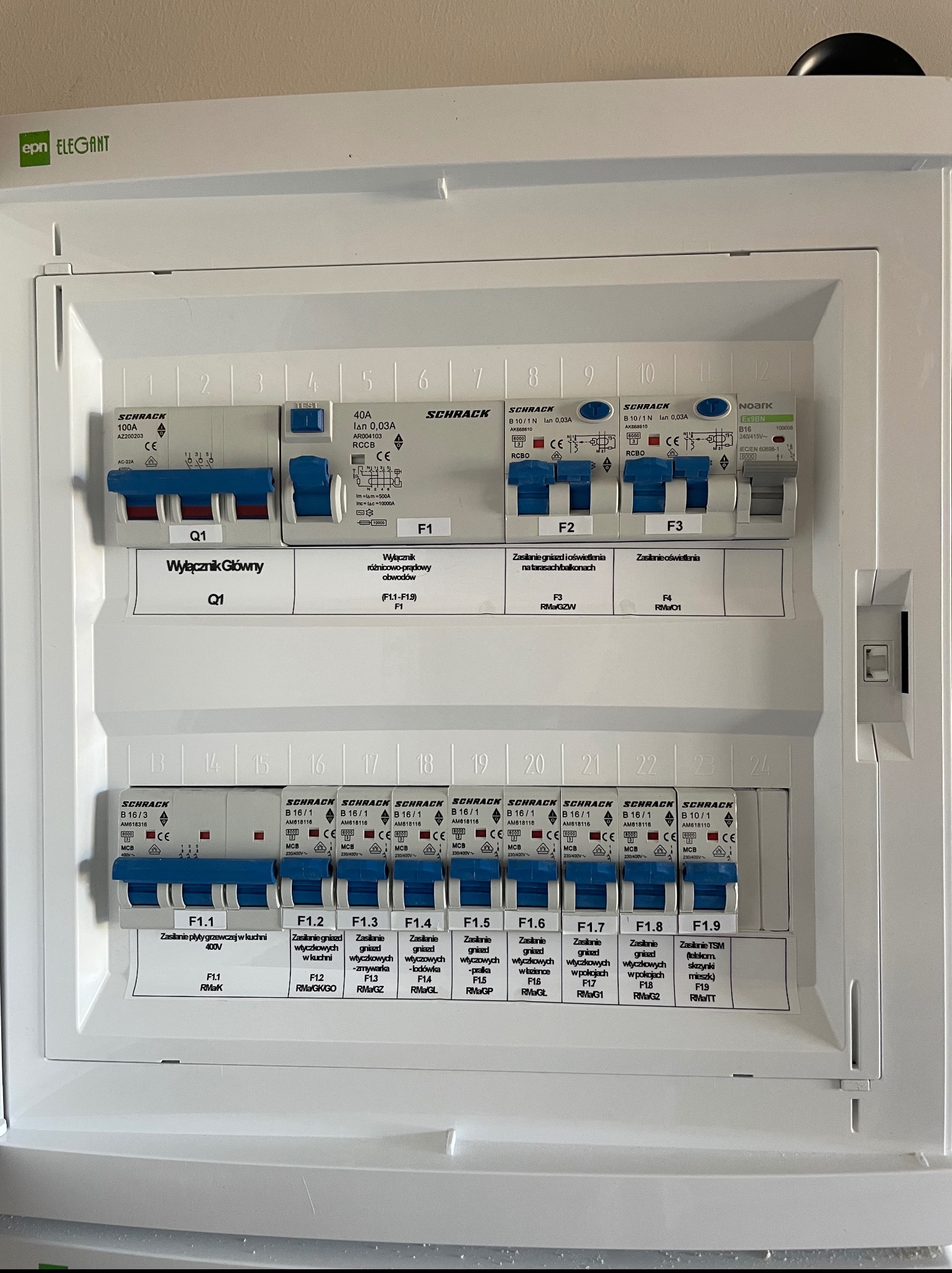 Rozdzielnica elektryczna Schrack z bezpiecznikami i wyłącznikami, opisana etykietami, w białej obudowie. Widoczne oznaczenia obwodów i parametry techniczne.