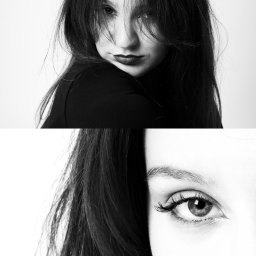 N'Loft Studio Natalia Matuszewska - Czarno-białe, artystyczne ujęcie portretowe kobiety, podzielone na dwie części: twarz z ciemną szminką i zbliżenie na oko z wyraźnymi rzęsami, na jasnym tle.