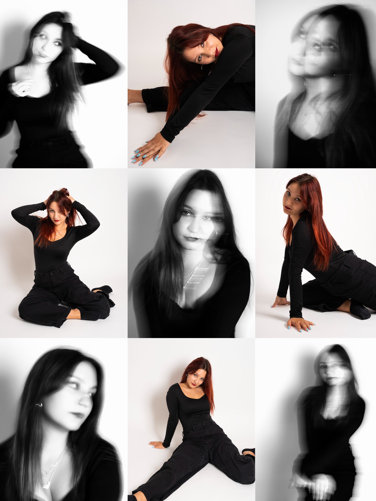 Mozaika portretowa młodej kobiety w czarnym stroju na białym tle, z efektami rozmycia i różnymi pozami, ukazująca dynamikę i kreatywność sesji zdjęciowej.