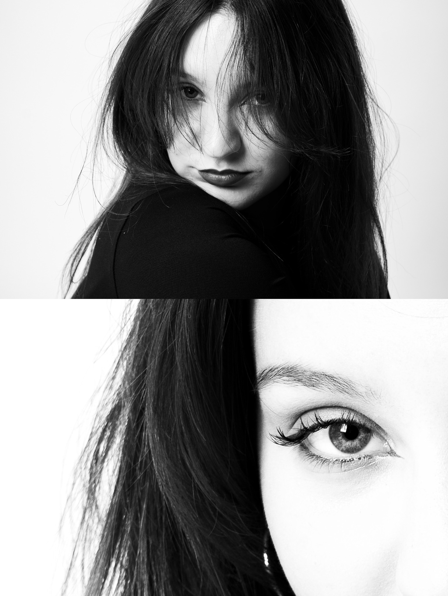 Czarno-białe, artystyczne ujęcie portretowe kobiety, podzielone na dwie części: twarz z ciemną szminką i zbliżenie na oko z wyraźnymi rzęsami, na jasnym tle.