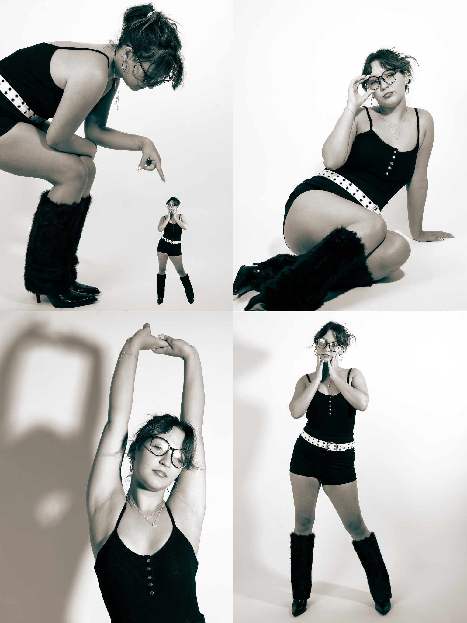 Czarno-biały kolaż: kobieta w okularach pozuje w różnych ujęciach, czarnym body i futrzanych butach. Nietypowe kadry i oświetlenie, podkreślające styl sesji.