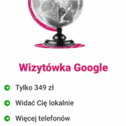 Grafika: Globus z pinezką, napis 'Wizytówka Google' i korzyści z reklamy lokalnej. Promocja widoczności w Google i pozyskiwania klientów z okolicy.