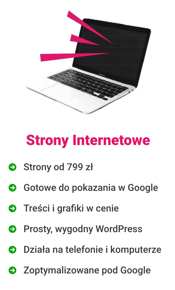 Grafika reklamowa: laptop w perspektywie z różowymi akcentami, tekst 'Strony Internetowe', oferta od 799 zł, optymalizacja Google, WordPress, responsywność.