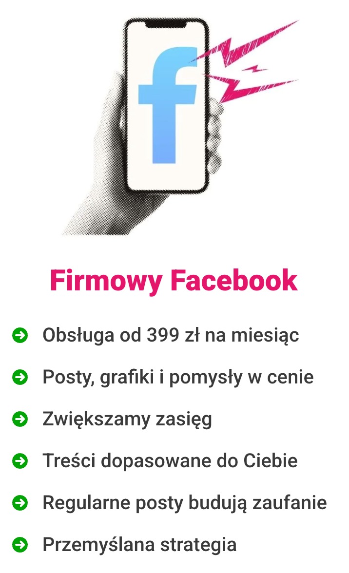 Grafika z dłonią trzymającą smartfon z logo Facebooka i hasłem 'Firmowy Facebook', promująca obsługę profilu firmowego na Facebooku.