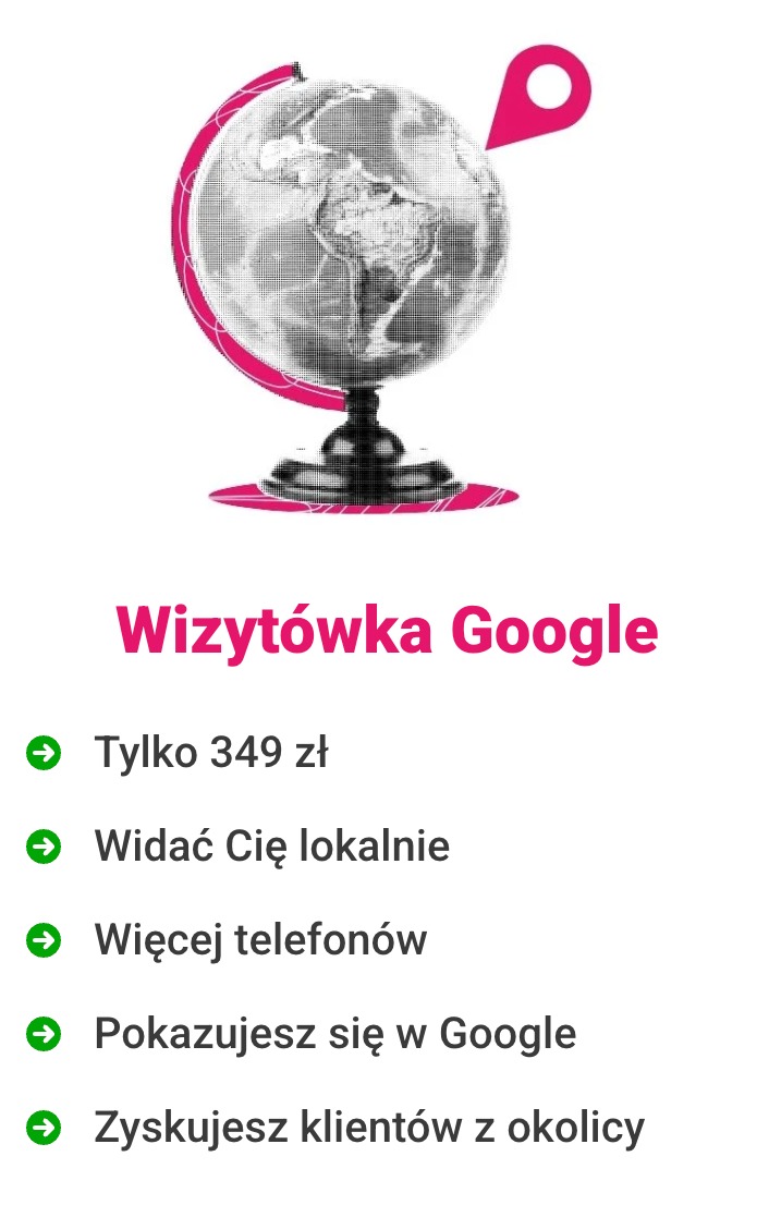 Grafika: Globus z pinezką, napis 'Wizytówka Google' i korzyści z reklamy lokalnej. Promocja widoczności w Google i pozyskiwania klientów z okolicy.