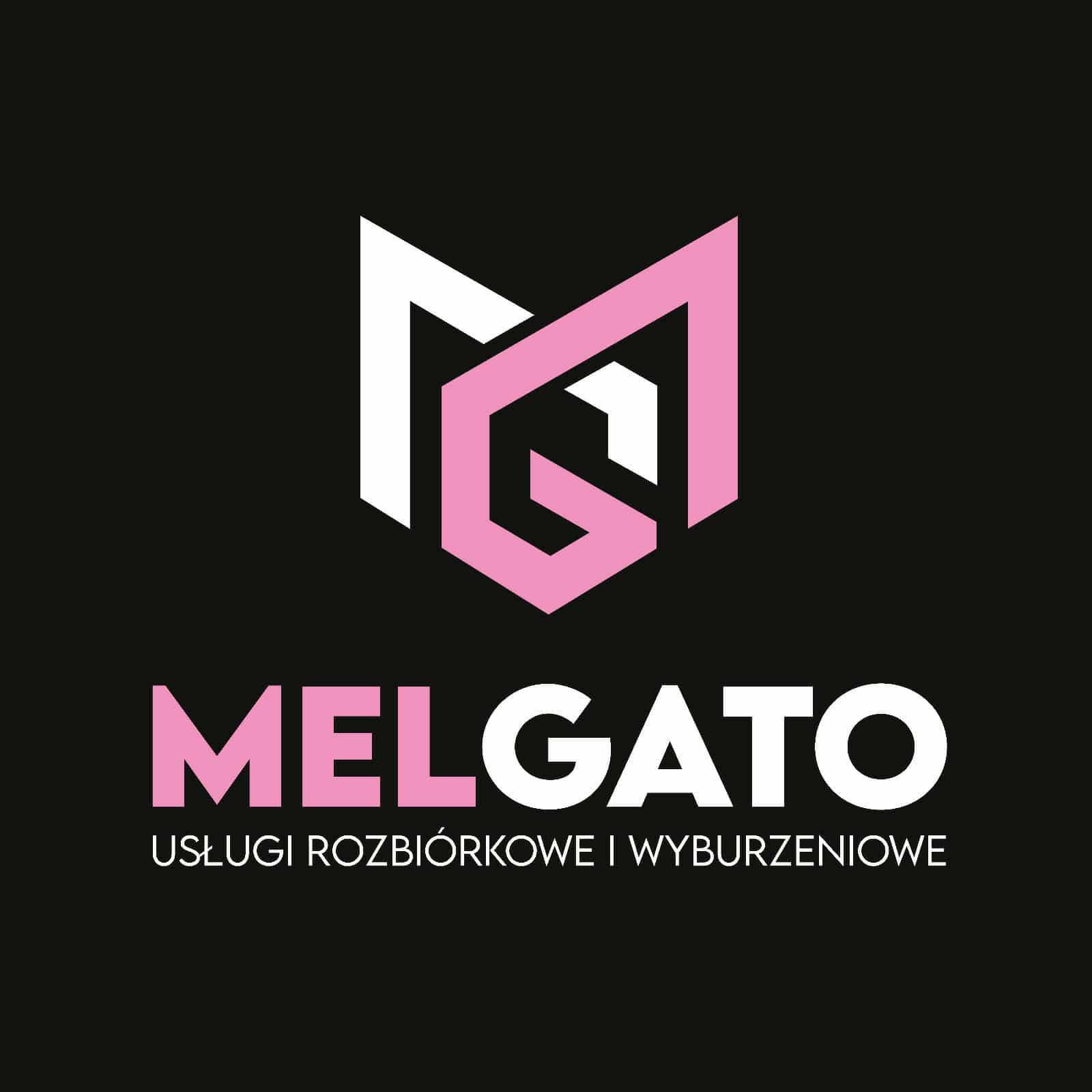 Logo firmy MELGATO z abstrakcyjnym symbolem w kolorach białym i różowym, poniżej nazwa firmy i napis 'USŁUGI ROZBIÓRKOWE I WYBURZENIOWE' na czarnym tle.