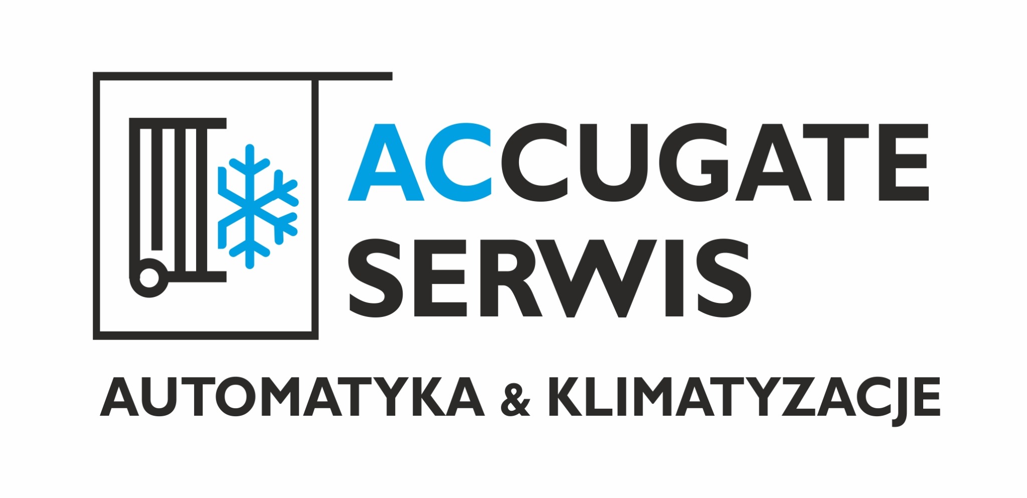 Logo firmy Accugate Serwis z ikoną bramy i płatka śniegu, oferującej automatykę i klimatyzację. Niebiesko-czarna kolorystyka, minimalistyczny design.