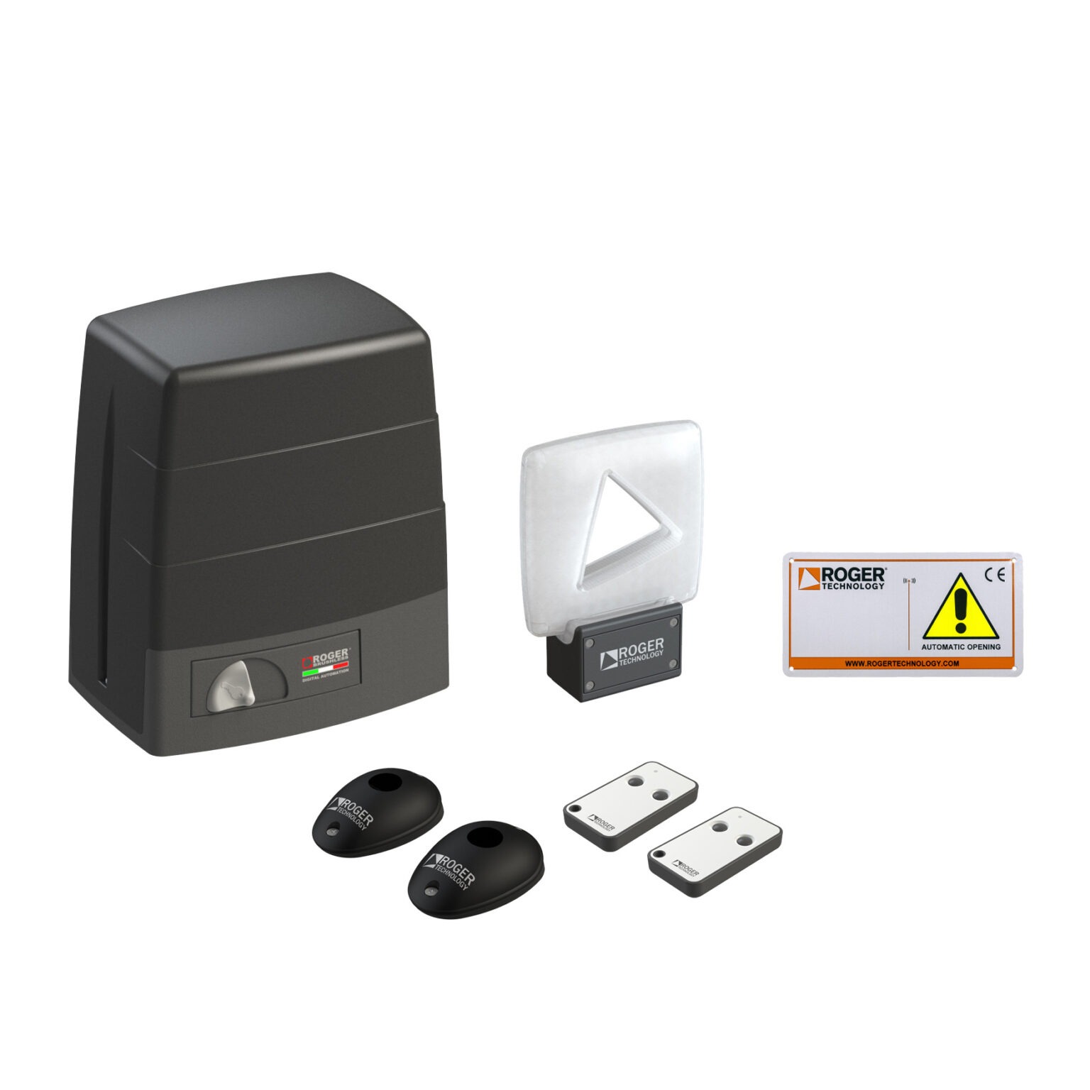 Zestaw automatyki do bram marki Roger Technology: centrala sterująca, lampa sygnalizacyjna, fotokomórki i dwa piloty. Widoczna tabliczka ostrzegawcza.