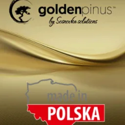 Złote tło z logo Goldenpinus by Sosnówka Solutions i napisem 'made in POLSKA' w konturach mapy Polski, sugerujące polskie pochodzenie i wysoką jakość.