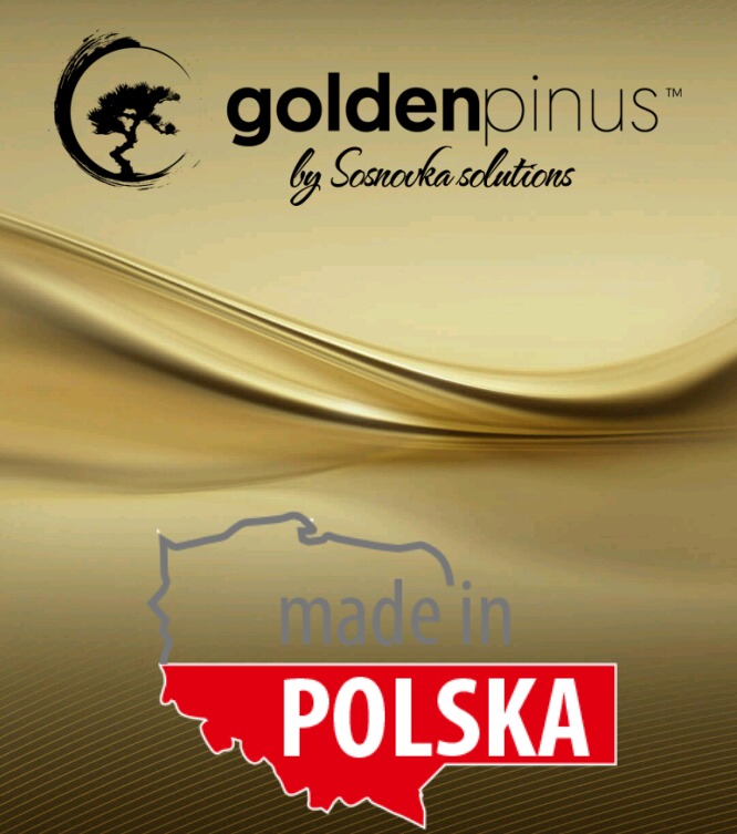 Złote tło z logo Goldenpinus by Sosnówka Solutions i napisem 'made in POLSKA' w konturach mapy Polski, sugerujące polskie pochodzenie i wysoką jakość.