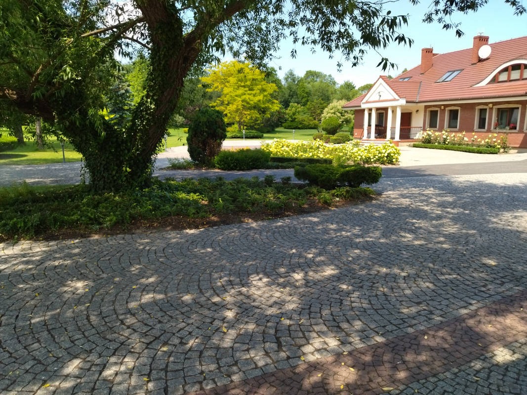 Urokliwy ogród z brukowanym podjazdem i kwitnącymi krzewami na tle domu z czerwonej cegły. Bujna zieleń drzew i krzewów. Słoneczny dzień, cienie na bruku.