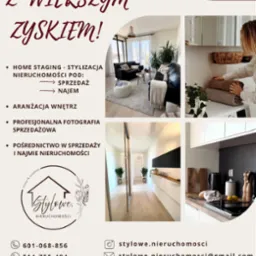 Oferta: home staging i aranżacja wnętrz. Fotografie prezentują salon z sofą, łazienkę z ręcznikami, korytarz z lustrem i kuchnię z akcesoriami.