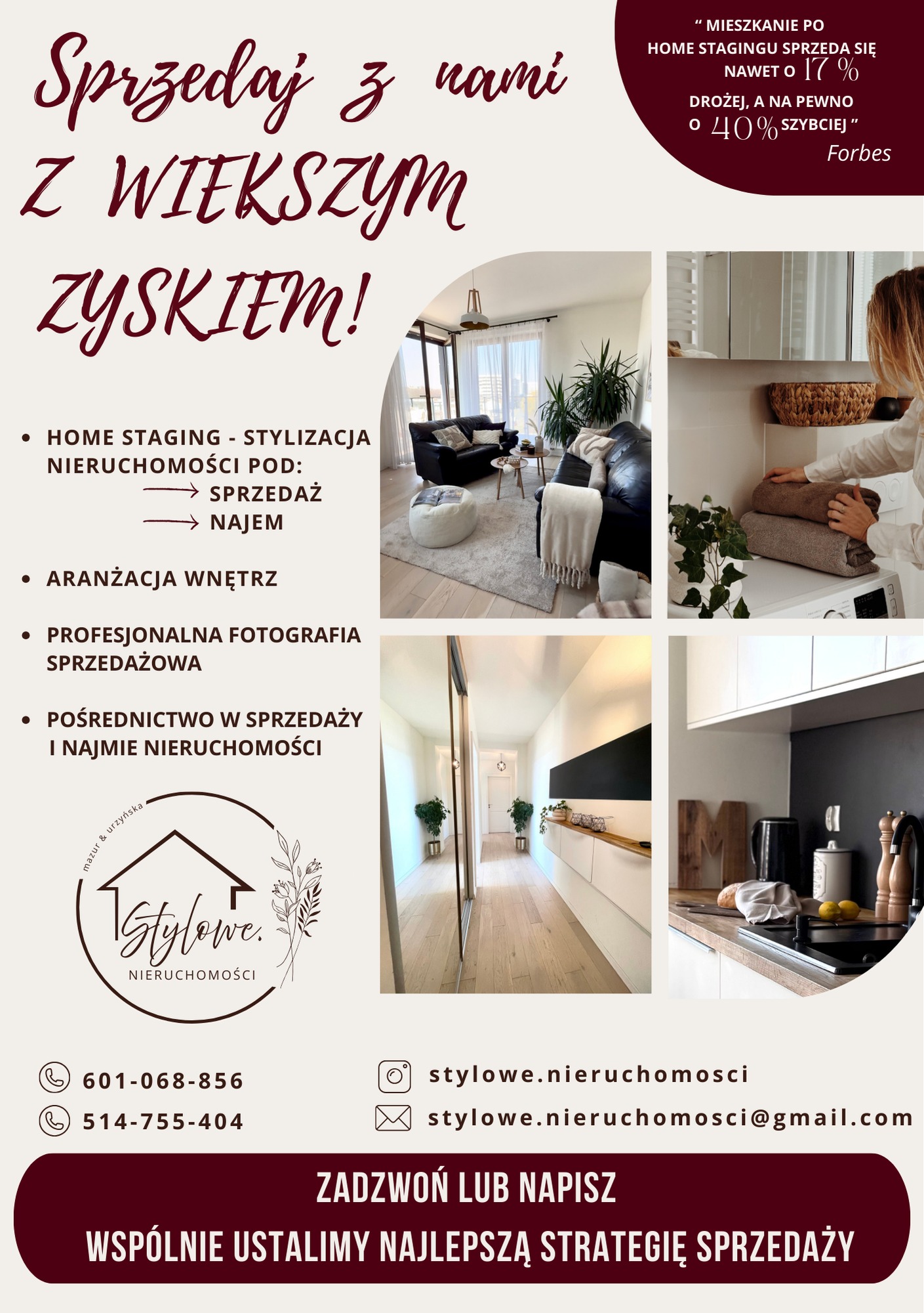 Oferta: home staging i aranżacja wnętrz. Fotografie prezentują salon z sofą, łazienkę z ręcznikami, korytarz z lustrem i kuchnię z akcesoriami.