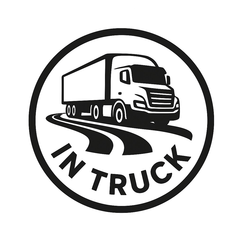 Czarno-białe logo: ciężarówka na drodze, otoczona okręgiem z napisem 'IN TRUCK'. Minimalistyczny design, wyraźne linie.