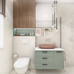 Zuzanna Rybicka Sikora Architekt Wnętrz - Nowoczesna łazienka z wiszącą szafką, umywalką w kolorze terakoty i okrągłym lustrem. Minimalistyczny design i jasna kolorystyka. Widoczny fragment toalety.