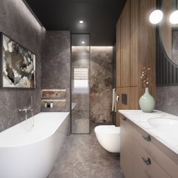 Zuzanna Rybicka Sikora Architekt Wnętrz - Nowoczesna łazienka z wanną, toaletą i umywalką. Szare płytki imitujące marmur, drewniane szafki i czarny sufit. Nad wanną abstrakcyjny obraz w ramie.