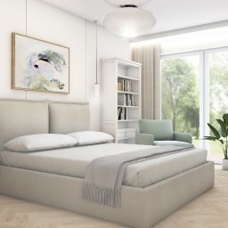 Zuzanna Rybicka Sikora Architekt Wnętrz - Jasna sypialnia z łóżkiem z wysokim wezgłowiem, obrazem, biurkiem przy oknie i drewnianą podłogą w jodełkę. Stonowana kolorystyka, minimalistyczny styl.