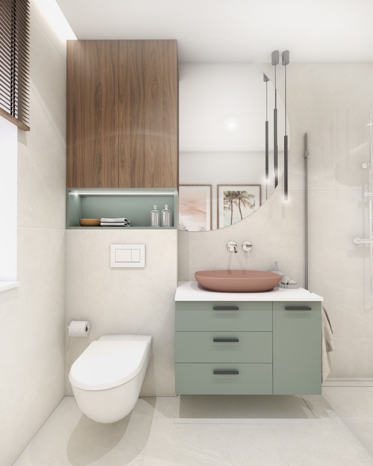 Nowoczesna łazienka z wiszącą szafką, umywalką w kolorze terakoty i okrągłym lustrem. Minimalistyczny design i jasna kolorystyka. Widoczny fragment toalety.