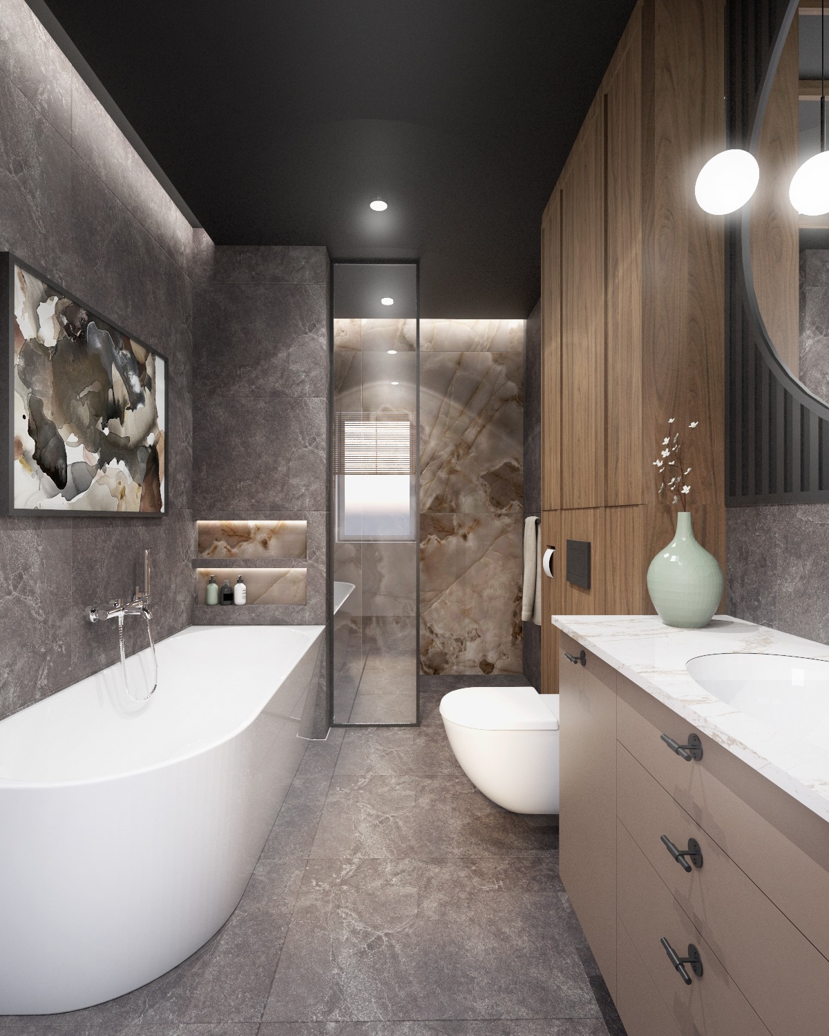 Nowoczesna łazienka z wanną, toaletą i umywalką. Szare płytki imitujące marmur, drewniane szafki i czarny sufit. Nad wanną abstrakcyjny obraz w ramie.