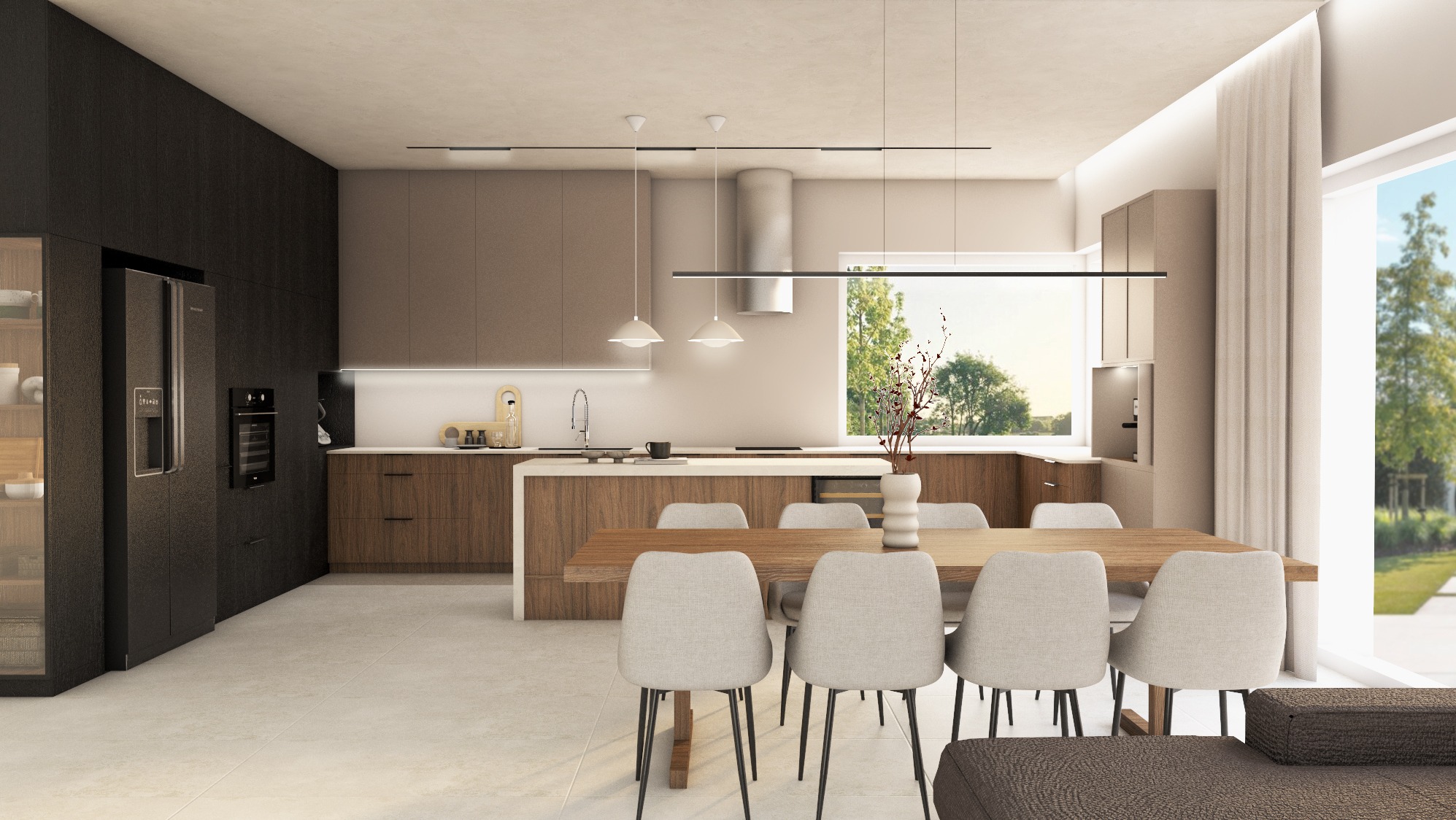 Nowoczesna kuchnia z jadalnią: drewniane fronty, wyspa, minimalistyczne oświetlenie i widok na ogród przez duże okno. Jasne krzesła wokół stołu.