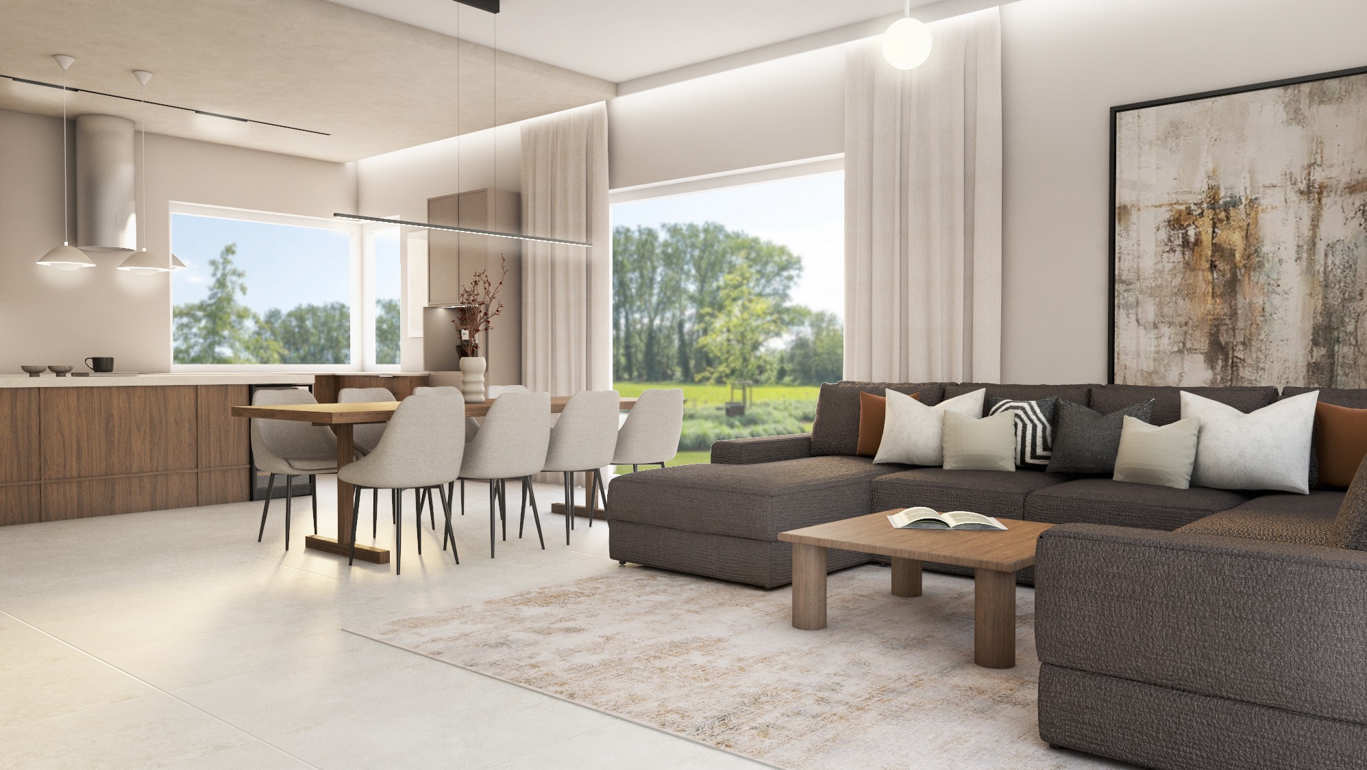 Jasne, przestronne wnętrze mieszkania z otwartą kuchnią, jadalnią i salonem. Duże okno z widokiem na zieleń. Minimalistyczny design, beżowa kolorystyka, drewniane akcenty i abstrakcyjny obraz.